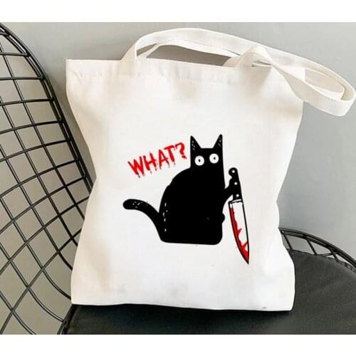 Shopper Funny Cat Holding Knife Costume Printed Tote Bag women Harajuku shopper handbag Shoulder shopping bag Lady Canvas Bag