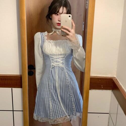 2021 Spring Autumn Japanese Sweet Cute Lace Up Puff Sleeve Plaid Dress Korean Soft Girl Kawaii Baby Doll Mini Dresses Women Y2K