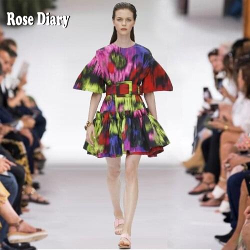 RoseDiaryHigh Quality Summer 2021 Fashion Runway Womens painting printed Dress Embossed Puff Sleeve Luxury Holiday Party Dress