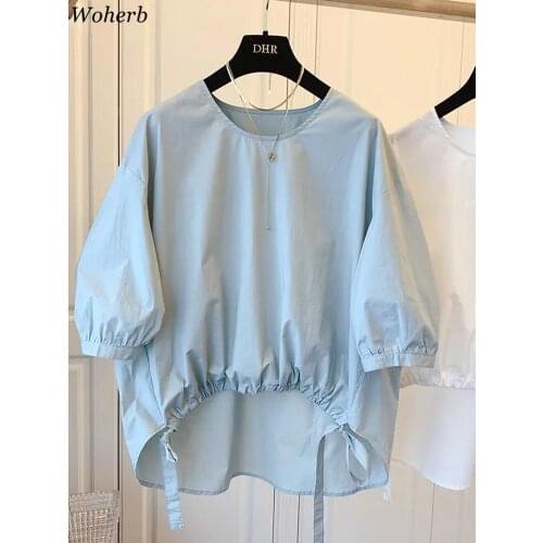 Woherb Puff Sleeve Doll Shirt Korean Solid Causal Asymmetrical Pleated Blouse Drawstring Women Oversize Loose Top Blusas Mujer