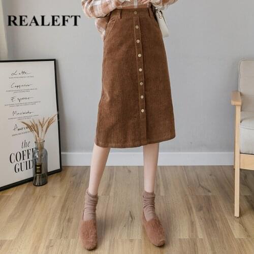 REALEFT 2020 Winter Corduroy Womens Skirts Vintage High Waist Button Fashion Office Lady Casual Slim Womens Long Skirt Female