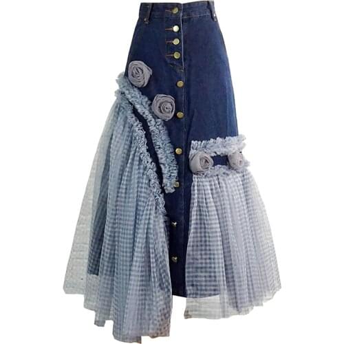 2021 Female Original Design Spring and Summer New Denim Bag Hip Plaid Mesh Stitching Asymmetrical A-line Long Skirts for Womens