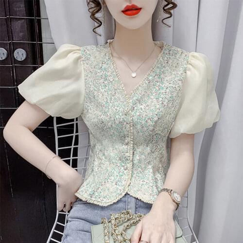 Women 2021 Summer Elegant Floral Printed Blouses Female Casual V-neck Puff Short Sleeve Shirts Tops Ladies Chic Slim Shirt Z71