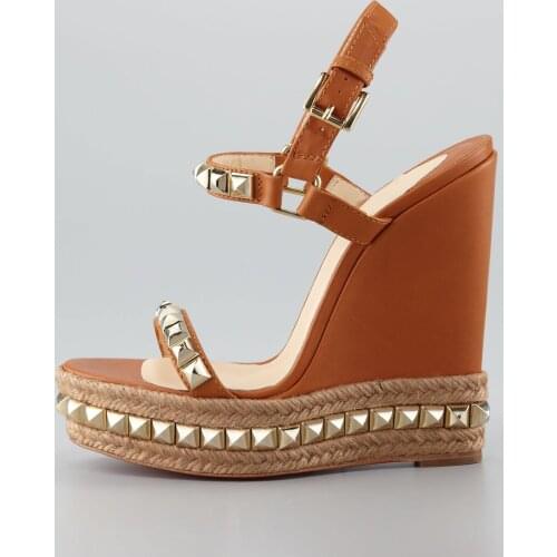 Moraima Snc Super High Wedge Sandals for Woman Brown Leather Rivets Studded Platform Heels Ladies Cutouts Ankle Strap Sandal