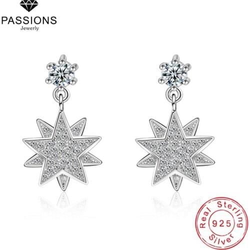 New Fashion 925 Sterling Silver Star & Snowflake Long Drop Earrings AAA Cubic Zirconia Ear Stud For Women Earring Jewelry Gift