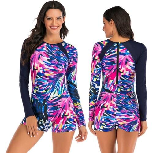 Womens Rashguard Long Sleeve UV Protection One Piece Surfing Swimsuit Long Sleeve Swimwear Bathing Suits Boylegs Backzip