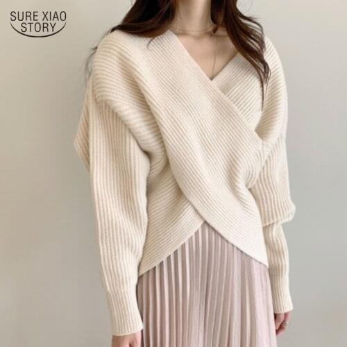 2021 V-neck Loose Sweater Woman Autumn Winte Pure Elegant Womens Sweater Long-sleeved Warm Sweater Top Temperament Simple 16060