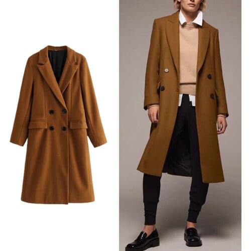 Za Women 2021 Fashion Caramel Colour Double Breasted Woolen Coat Vintage Long Sleeve Female Outerwear Chic Overcoat
