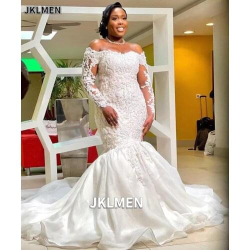 Vintage Lace-up White Off-the-Shoulder Mermaid Wedding Bridal Gowns Long Sleeves Lace Appliques Bead Organza Vestido De Novia