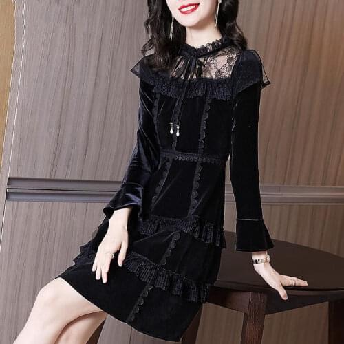 Women Autumn Winter 2021 New Ruffled Golden Velvet Dress Female Lace Patchwork Dresses Ladies Bow Short A-line Vestidos T479