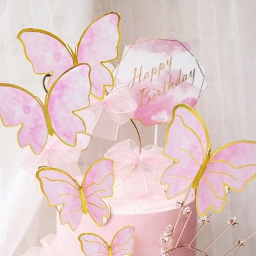 1Set Pink Butterfly Paper Cake Topper Happy Birthday Cupcake Toppers For Baby Shower Wedding Party Girl Birthday Cake Decoration