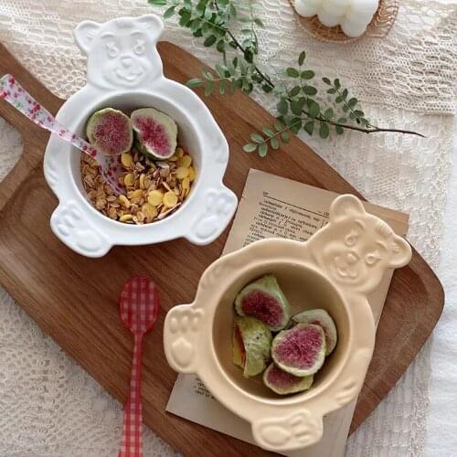 Free Shipping Korean Ins Style Lovely Bear Bowl Retro Dessert Cereal Breakfast Ceramic Bowl Oat Yogurt Salad Bowl