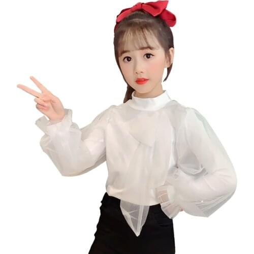 Blouses For Girls Mesh Girls White Blouse Bow Childrens Shirt For Girls Puff Sleeve Childrens School Clothes For Girls