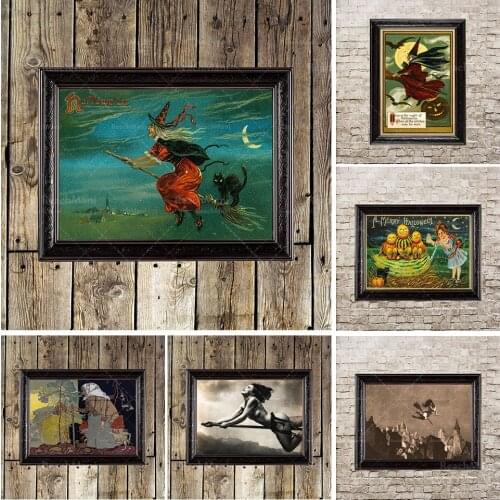 Retro home decor pumpkin design, witch broom, gothic house vintage canvas, black cat poster, witchcraft witch soup wizard Nordic