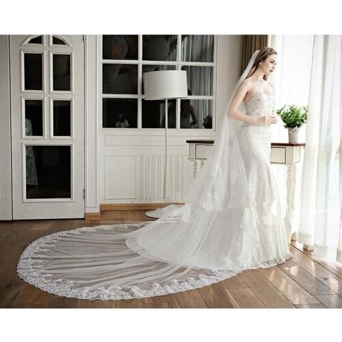 Hot Sell 3M/5M Long Bridal Veil Two Layers Wedding Veil Cathedral Veil With Lace Wedding Accessories Veu De Noiva