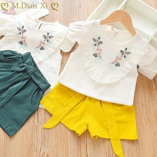 Girls Clothing Sets Summer New Girls Sets Flower Embroidery Flying Sleeve Top+Short Pants Suit Baby Girls Kids Clothes for Girl