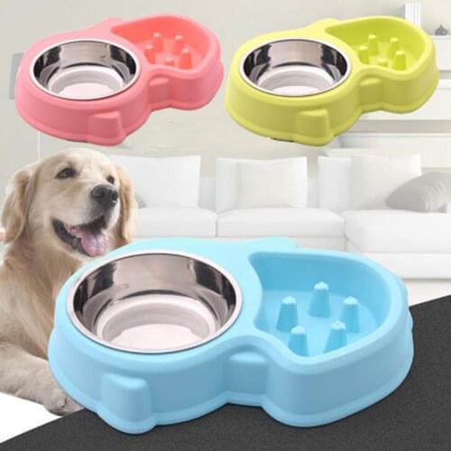 Stainless Steel Slow Food Double Bowls Wheat Straw Dog Feeders Pet Product Straw +Stainless Steel Dog Feeders