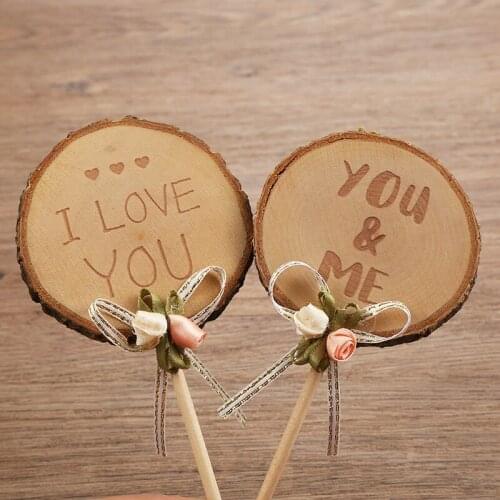 Natural Wood Cake Topper Valentine Day Love Cake Flag Round Shape Cake Decoration