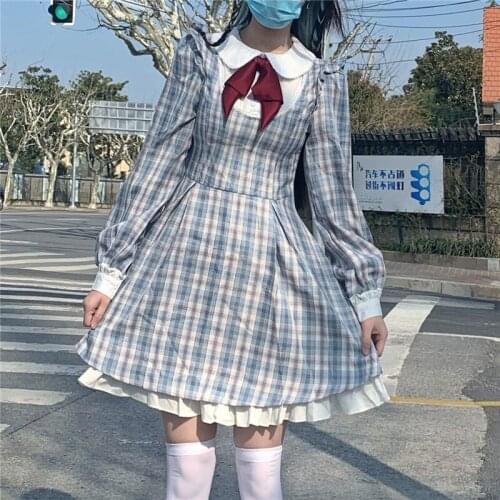 OLOMLB Vintage Plaid Dress Japanese Sweet Peter Pan Collar Bow Kawaii Ruffles Full Sleeve JK Dresses Soft Girl Style Dress