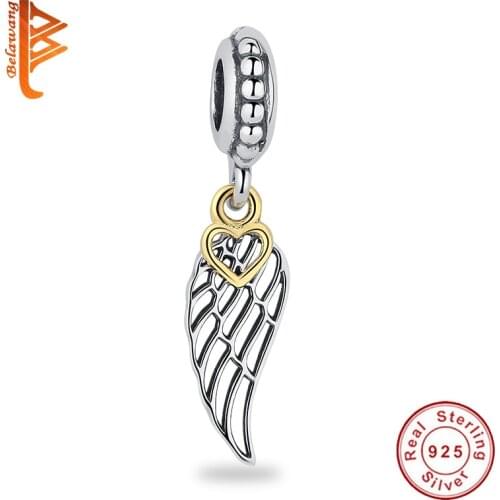 BELAWANG 925 Sterling Silver Bead Gold Love&Guidance Feather Wing Dangle Charm Fit Original Bracelet Pendant DIY Jewelry Making