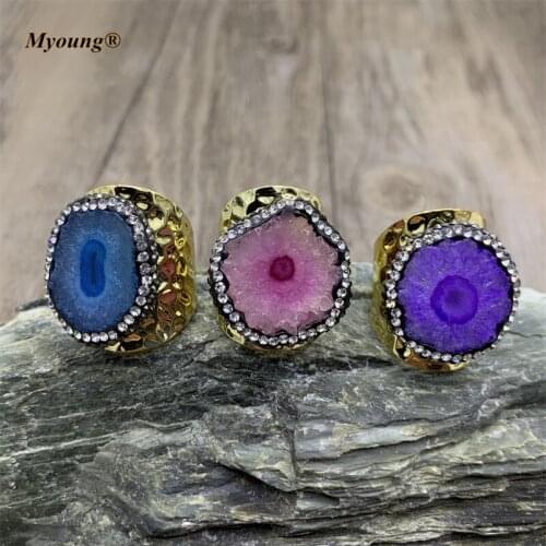 Gold-Plated Mix Color Sun Flower Shape Crystal Quartz Stalactite Adjustable Rings Jewelry With Rhinestone Paved Edges MY210633