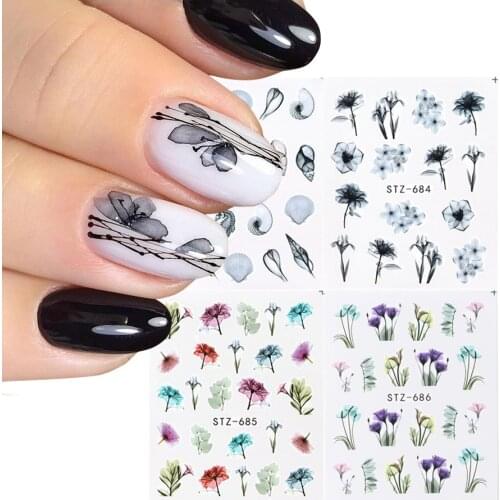 Embossed Nails Sticker Blooming Flowers Leaves Water Transfer Sliders DIY Nail Decals Black Watercolors Decorations LESTZ508-730