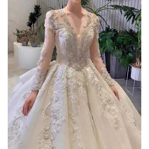 Luxury Ivory Wedding Dresses V-Neck Full Sleeve Beading Sequin Lace Applique Shiny Princess ElegantBridal Gown For Wedding Party