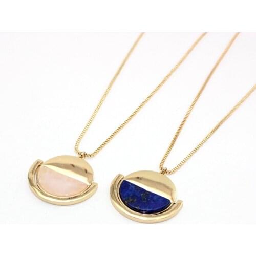 Light Yellow Gold Color Alloy Half Moon Lapis Lazuli Pendant Link Chain Necklace Rose Pink Quartz Jewelry