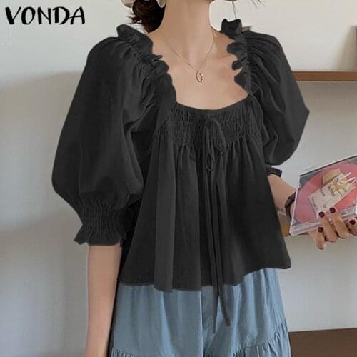 VONDA 3 Colors Women Tops Spring Autumn Flare Sleeve Casual Ruffled Hem Blouse Loose Elegant Office Shirts Femme Bohemian Blusas
