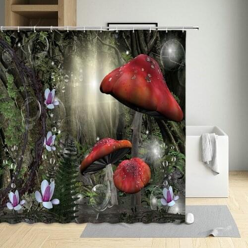 Fantasy Mushroom Shower Curtain Fairytale Forest Plants Flowers Child Bathroom Wall Decor With Hook Hanging Waterproof Screen