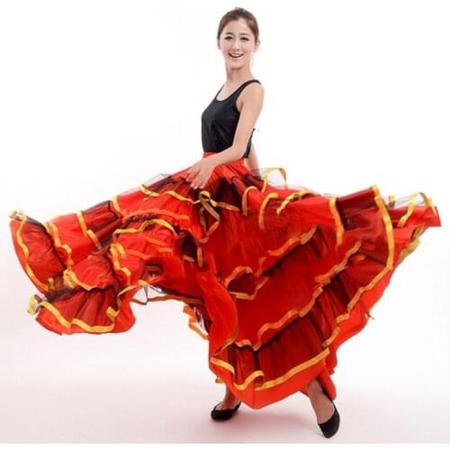 Womens Ballroom Spanish Flamenco Dance Skirt Red Dancer Fancy Dress Costume Belly Dancing Skirts 360/540/720 Degree