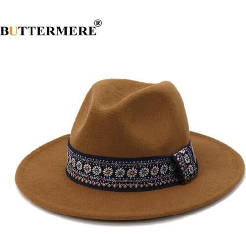 BUTTERMERE Wool Women Men Felt Trilby Fedora Hat for Gentleman Lady Wide Brim British Style Woolen Khaki Panama Sombrero Cap
