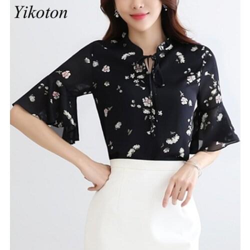 New Summer Loose Print Blouse Casual Chiffon Womens Shirt Plus Size 4XL Top V-Neck Bow Ruffles Blouses Women Butterfly Sleeve