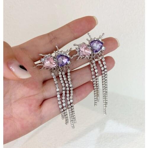 MENGJIQIAO Korean Asymmetric Heart Crystal Drop Earrings For Women Fashion Rhinestone Tassel Boucle D'oreille Party Jewelry