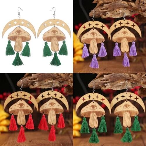 Starry Wood Crescent Moon Link Evil Eye Print Mushroom Tassel Chandelier Earrings for Women Unique Halloween Jewelry Wholesale