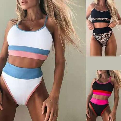 Q1FF Women Sexy 2 Pieces Bikini Set Contrast Color Striped Leopard Patchwork Swimsuit High Waisted Push Up Bathing Suit