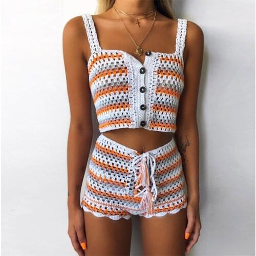 Multi Color Knitted Crochet Crop Top and Shorts Summer Beach Women 2 Piece Set Cool Girls Lace Up Romper Bikini Beachwear 2020