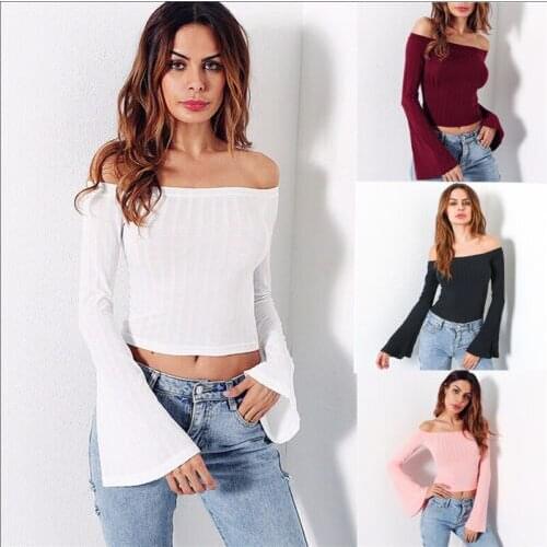 2017 Fashion Women Off Shoulder Crop Top Long Sleeve Flare Pullover Slash Neck T-shirt Pink Black White Red