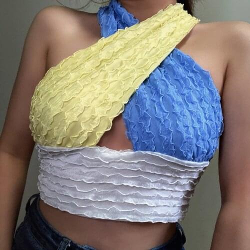 2021 Summer Women Halter Vest Colorblock V-neck Hollow Chest Backless Cross Slim Sexy Summer Tank Top Clothes Streetwear