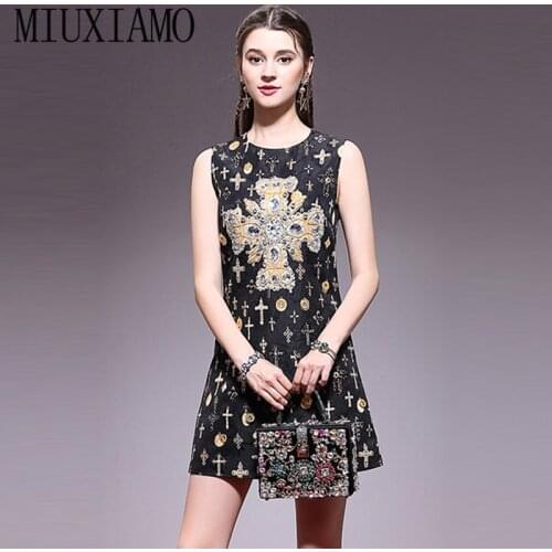 MIUXIMAO High Quality 2019 Summer&Spring Newest Casual A-Line Cross Diamonds Flowers Heart Print Tank Casual Dress Women vestido