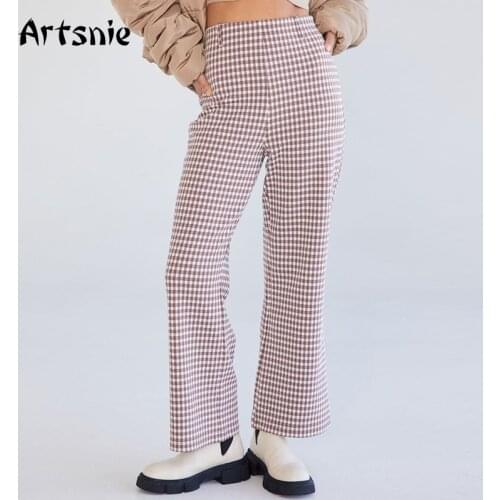 Artsnie Vintage Plaid Wide Leg Pants Women Autumn 2021 High Waist Trousers Streetwear Casual Pink Ladies Long Pants Femme