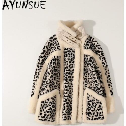 AYUNSUE Sheep Shearling Coat Female Winter 2021 Motorcycle Fur Coats Leopard Womens Clothing Wool Jacket Casaco Feminino Gxy212