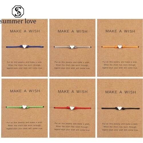 Stainless Steel Love Heart Charm Bracelet Adjustable Handmade Woven String Rope Bracelet for Women Gifts Jewelry with Wish Card