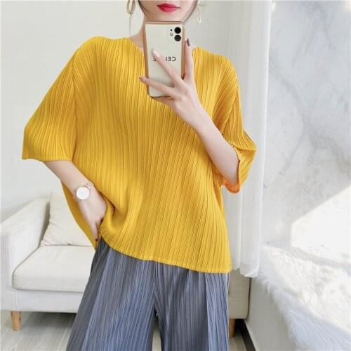 Miyak Pleated T-shirt V-neck Bat Sleeve Loose Solid Color Summer Thin All-match Basic Top Large Size Casual Female Clothes