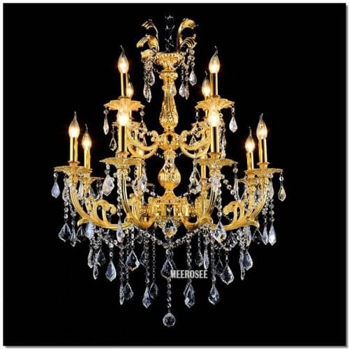 Classic Crystal Chandelier Light Fixture Lustre K9 12 Arms Silver or Gold Pendant Hanging Lamp with Lampshade Interior Lighting