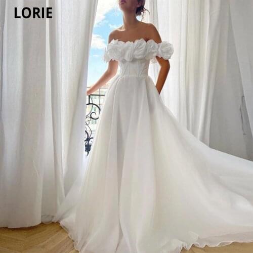 LORIE White Bridal Gown Boat Neck Off Shoulder Beach Wedding Dresses Top Corseted Lacing Embroidery Flowers Princess Party Dress