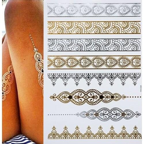 Metallic Temporary Flash Tattoos Henna Body Jewellery Mandala Gold Silver Boho