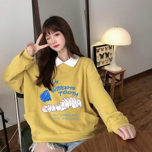 Oversized Letter Cute Graphic Sweatshirt Harajuku Aesthetic Cotton Sweatsuit Spring Kawaii Turn-down Collar Sweetshirt for Girls