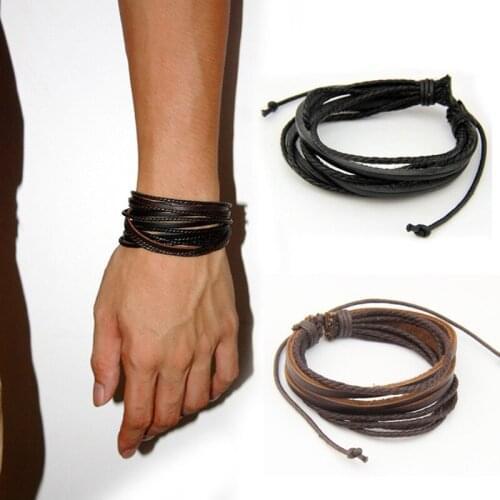 DISINIYA New Mens and Womens Hot Leather Bracelets and Bracelets Black and Brown Braided Rope Fashionable Mens Jewelry 2PSC