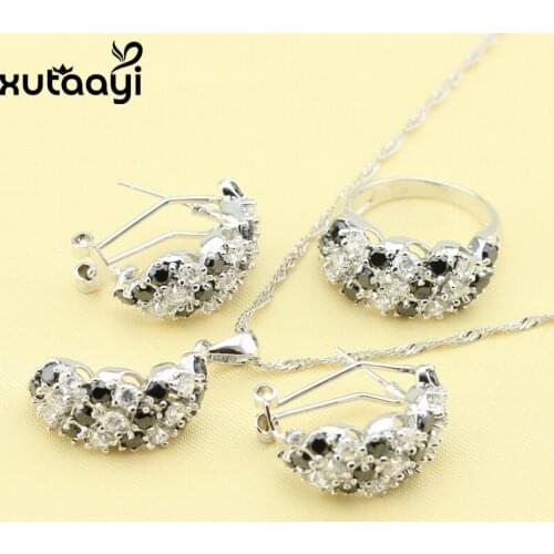 XUTAAYI Black And White Cubic Zirconia Fashion Silver Jewelry Sets Divine Necklace Rings Earrings Wedding Jewelry